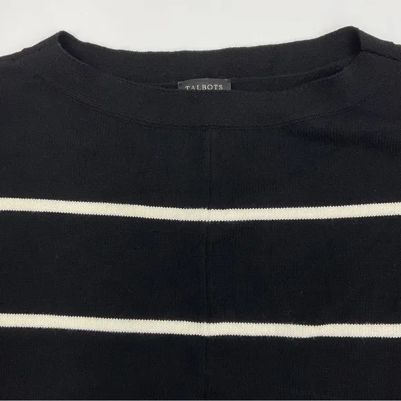 Talbots Striped Bateau Boat Neck Knit Sweater Black White 3/4 Sleeve EUC Women S