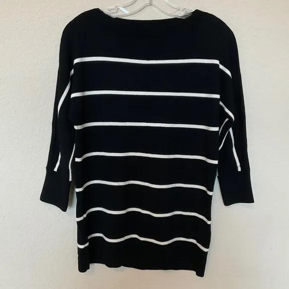 Talbots Striped Bateau Boat Neck Knit Sweater Black White 3/4 Sleeve EUC Women S