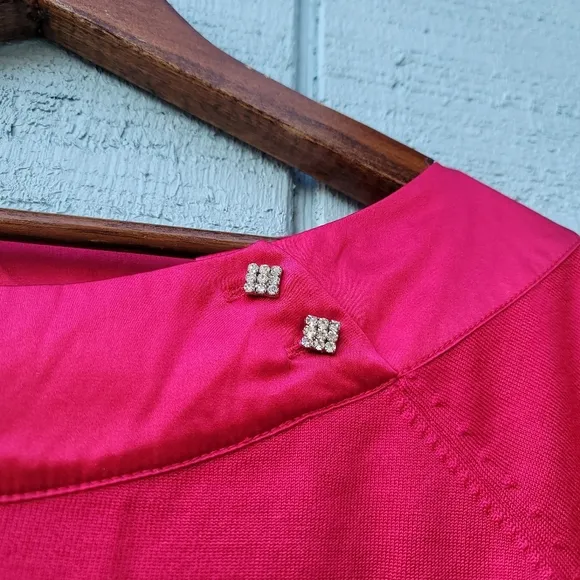 Talbots Woman Silk Knit Sweater Satin Rhinestone Trim size 1X Hot Pink