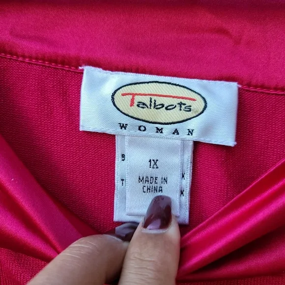 Talbots Woman Silk Knit Sweater Satin Rhinestone Trim size 1X Hot Pink