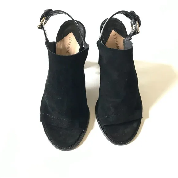 Tamara Mellon Element 100 Suede Sandals Womens 38 Black Open Toe Heels Shoes