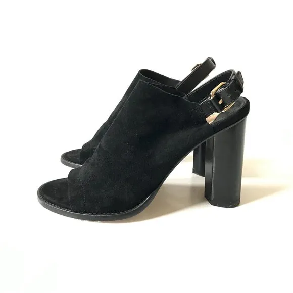Tamara Mellon Element 100 Suede Sandals Womens 38 Black Open Toe Heels Shoes