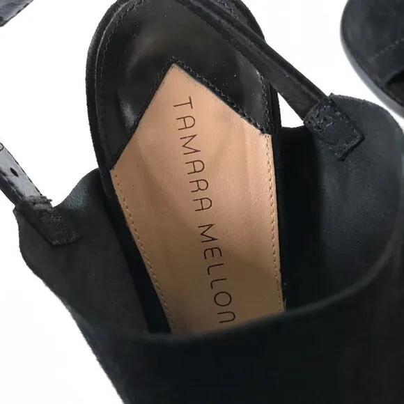 Tamara Mellon Element 100 Suede Sandals Womens 38 Black Open Toe Heels Shoes