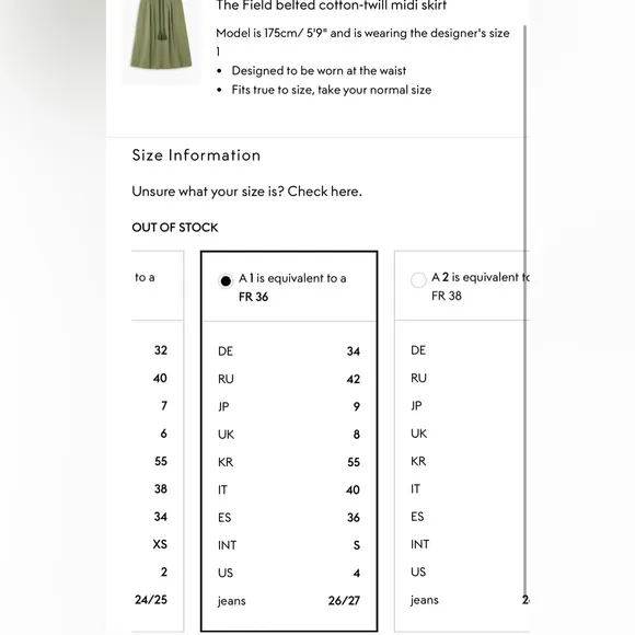 THE GREAT. The Field Skirt in Army Green Size 1