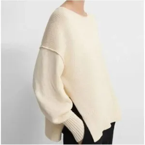 Theory Oversize Chunky Ecru Sweater Pullover with Slits Ivory Drop Shoulder M