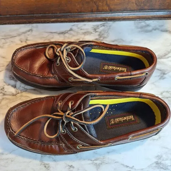 Timberland Mens Size 9.5M 71026 2-Eye Boat Shoe Dark Brown Leather Tie Slip On