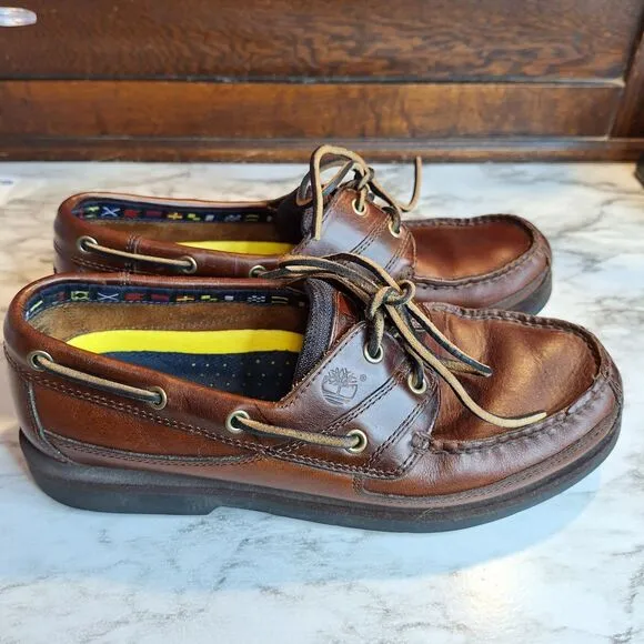 Timberland Mens Size 9.5M 71026 2-Eye Boat Shoe Dark Brown Leather Tie Slip On