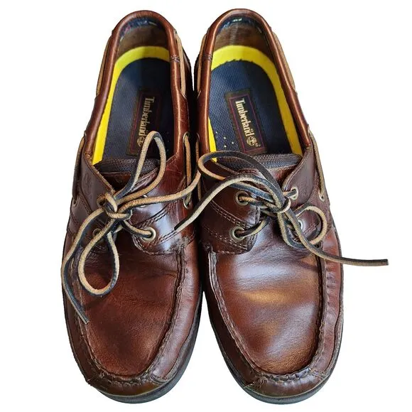 Timberland Mens Size 9.5M 71026 2-Eye Boat Shoe Dark Brown Leather Tie Slip On