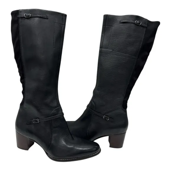 TIMBERLAND “TASA” Blk/Brn Zip LEATHER BOOTS Flex Comfort 2” Heel size 8