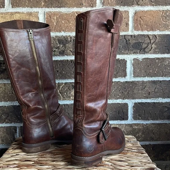 Timberland Tobacco Brown Leather Savin Hill Adjustable Shaft Riding Boots