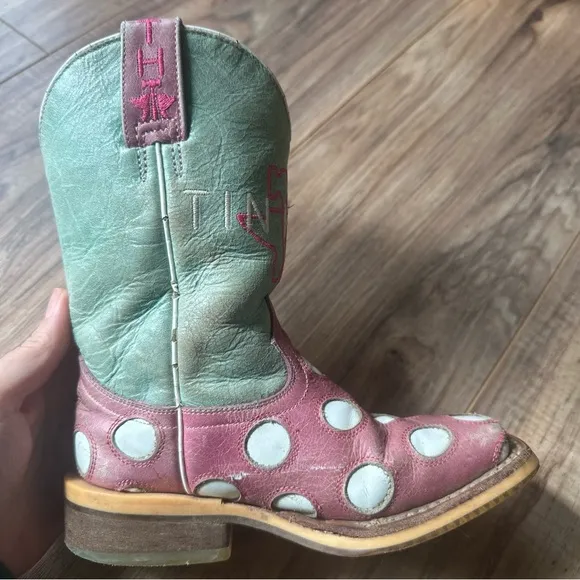 Tin Haul Girls Pink/Blue Leather Miss Dotty Cowboy Boots Size 11