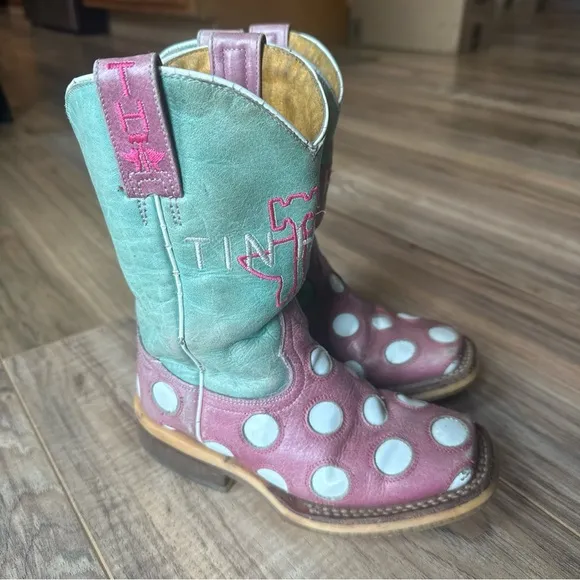 Tin Haul Girls Pink/Blue Leather Miss Dotty Cowboy Boots Size 11