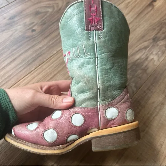 Tin Haul Girls Pink/Blue Leather Miss Dotty Cowboy Boots Size 11