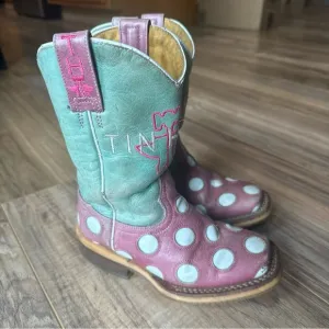 Tin Haul Girls Pink/Blue Leather Miss Dotty Cowboy Boots Size 11