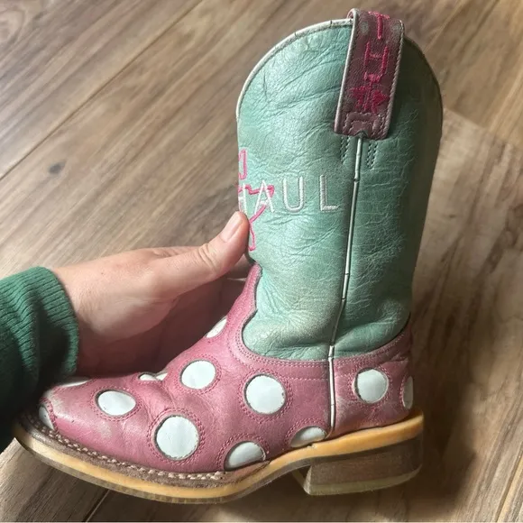 Tin Haul Girls Pink/Blue Leather Miss Dotty Cowboy Boots Size 11