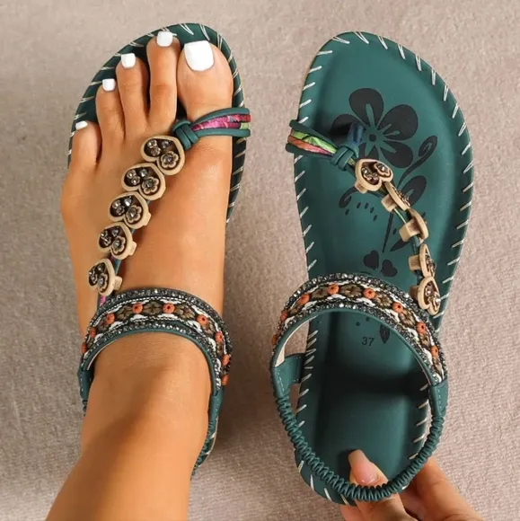 Toe Loop PU Leather Flats Sandals