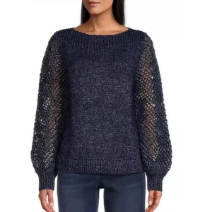Tommy Bahama Sz XL Blue Pullover Boat Neck Shimmer Balloon Sleeve Sweater NWT