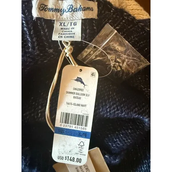 Tommy Bahama Sz XL Blue Pullover Boat Neck Shimmer Balloon Sleeve Sweater NWT