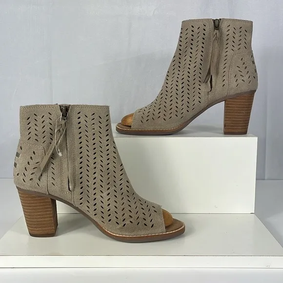 Toms Majorca Tan Khaki Suede Peep Toe Heeled Bootie.