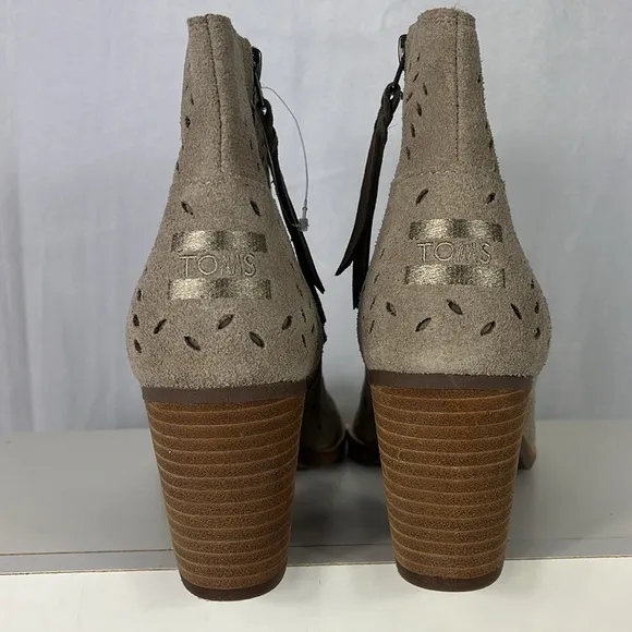Toms Majorca Tan Khaki Suede Peep Toe Heeled Bootie.