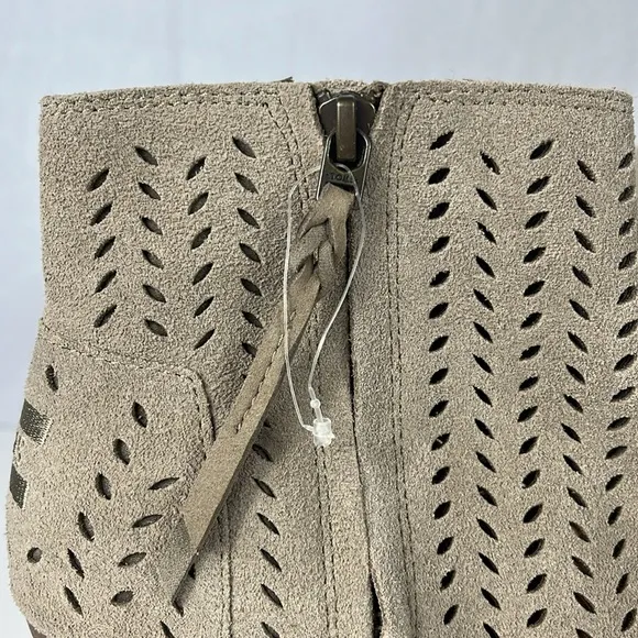 Toms Majorca Tan Khaki Suede Peep Toe Heeled Bootie.