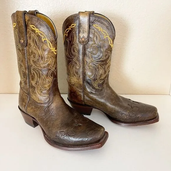 Tony Lama Ladies Santa Fe Bark Wingtip Vaquero square toe Cowboy Boots Size 8