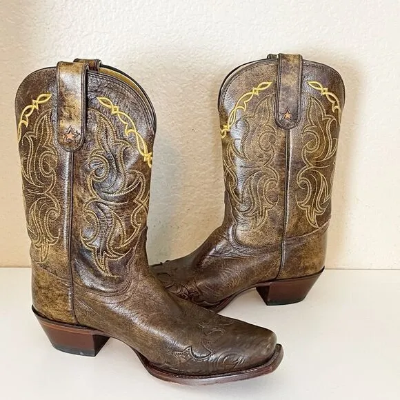 Tony Lama Ladies Santa Fe Bark Wingtip Vaquero square toe Cowboy Boots Size 8