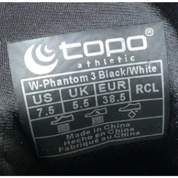 Topo Womens Phantom 3 Athletic Shoes US 7.5 EU 38.5 Black White Running NIB