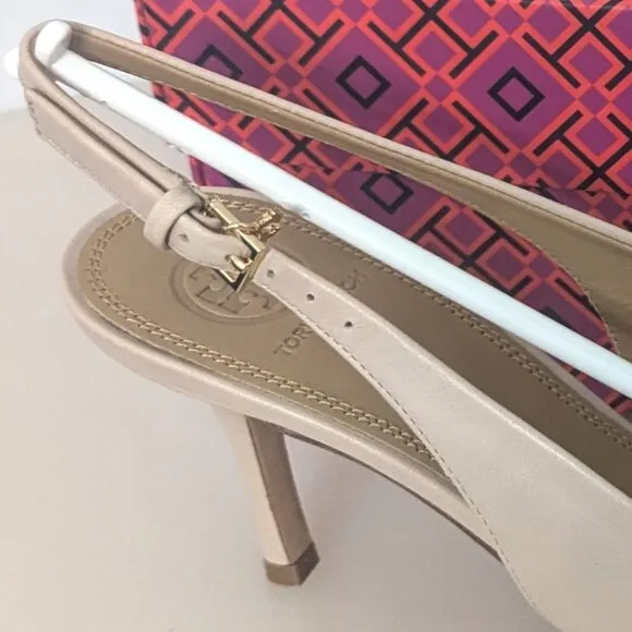 Tory Burch $448 PENELOPE 65MM CAP-TOE SLINGBACK PUMP LIGHT TAUPE Gold Toe 9.5