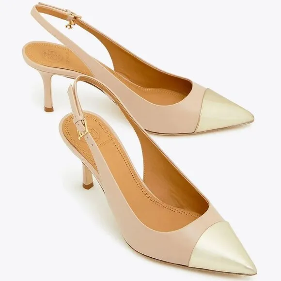 Tory Burch $448 PENELOPE 65MM CAP-TOE SLINGBACK PUMP LIGHT TAUPE Gold Toe 9.5