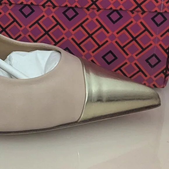 Tory Burch $448 PENELOPE 65MM CAP-TOE SLINGBACK PUMP LIGHT TAUPE Gold Toe 9.5