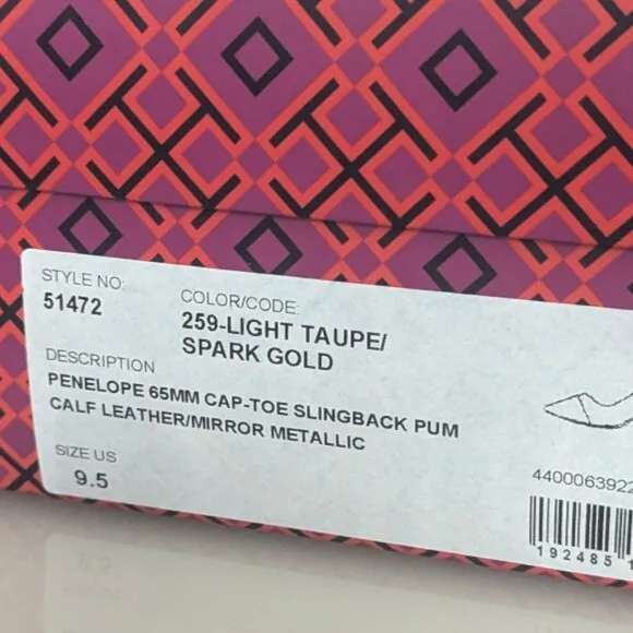 Tory Burch $448 PENELOPE 65MM CAP-TOE SLINGBACK PUMP LIGHT TAUPE Gold Toe 9.5
