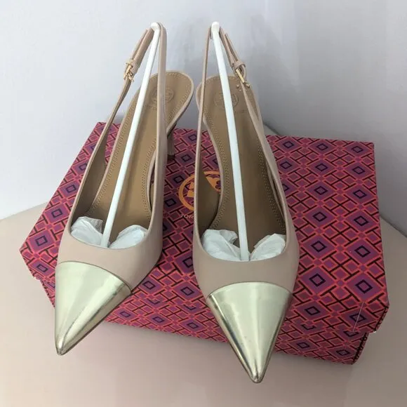 Tory Burch $448 PENELOPE 65MM CAP-TOE SLINGBACK PUMP LIGHT TAUPE Gold Toe 9.5