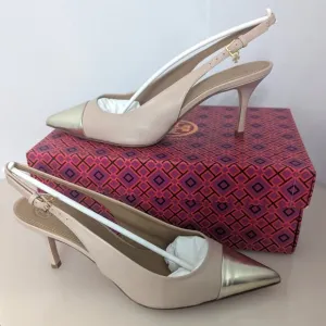 Tory Burch $448 PENELOPE 65MM CAP-TOE SLINGBACK PUMP LIGHT TAUPE Gold Toe 9.5