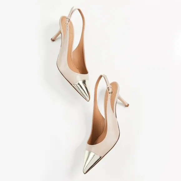 Tory Burch $448 PENELOPE 65MM CAP-TOE SLINGBACK PUMP LIGHT TAUPE Gold Toe 9.5