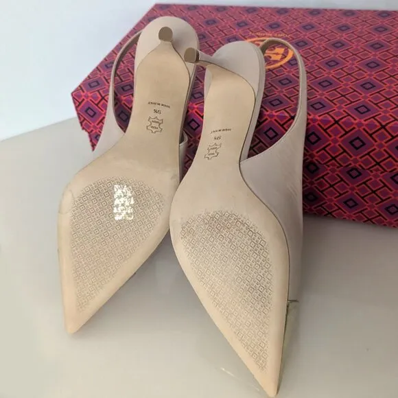 Tory Burch $448 PENELOPE 65MM CAP-TOE SLINGBACK PUMP LIGHT TAUPE Gold Toe 9.5