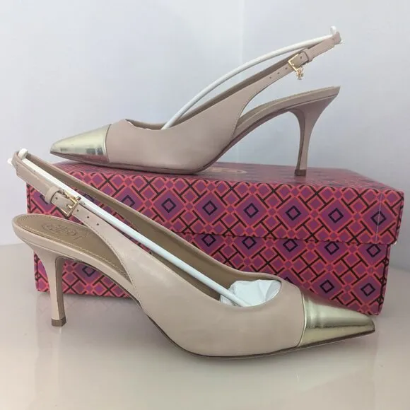 Tory Burch $448 PENELOPE 65MM CAP-TOE SLINGBACK PUMP LIGHT TAUPE Gold Toe 9.5