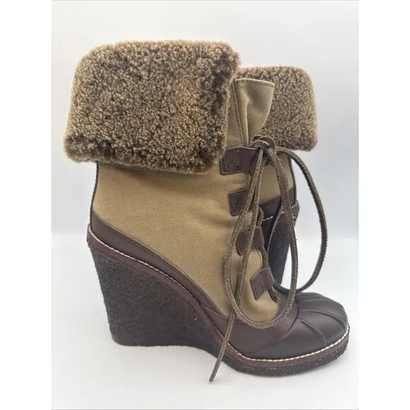 Tory Burch Boots Women Fairfax 8M Olive/ Brown Shearling LaceUp Combat Wedge