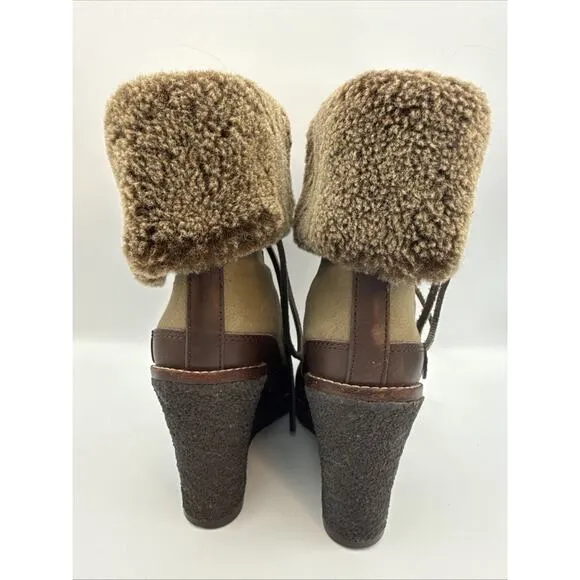 Tory Burch Boots Women Fairfax 8M Olive/ Brown Shearling LaceUp Combat Wedge
