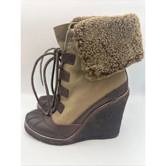 Tory Burch Boots Women Fairfax 8M Olive/ Brown Shearling LaceUp Combat Wedge