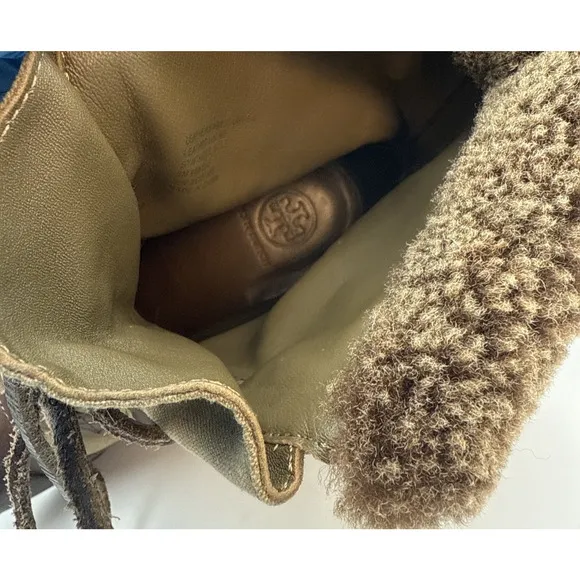 Tory Burch Boots Women Fairfax 8M Olive/ Brown Shearling LaceUp Combat Wedge