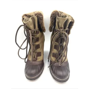 Tory Burch Boots Women Fairfax 8M Olive/ Brown Shearling LaceUp Combat Wedge