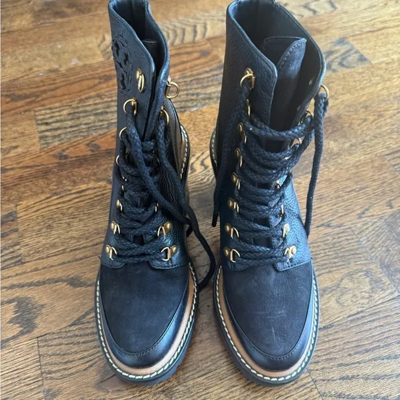 Tory Burch combat boots Black Leather Ankle Boots Sz 6