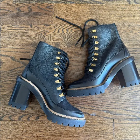 Tory Burch combat boots Black Leather Ankle Boots Sz 6