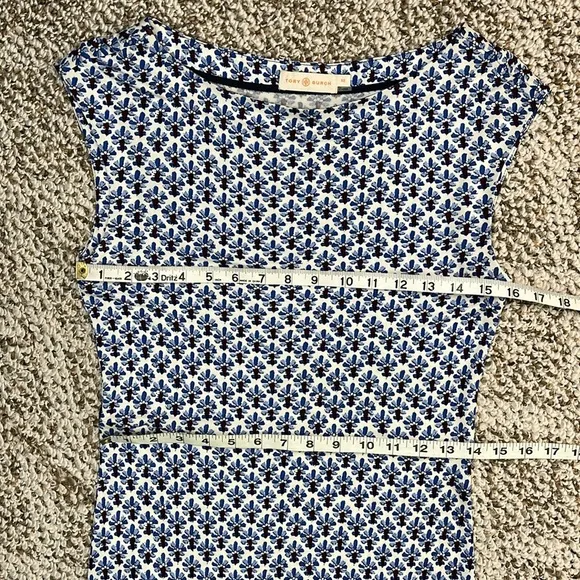 TORY BURCH Jamie Cap-Sleeve Rayon Sheath Dress Border Coast White/Blue SZ XS