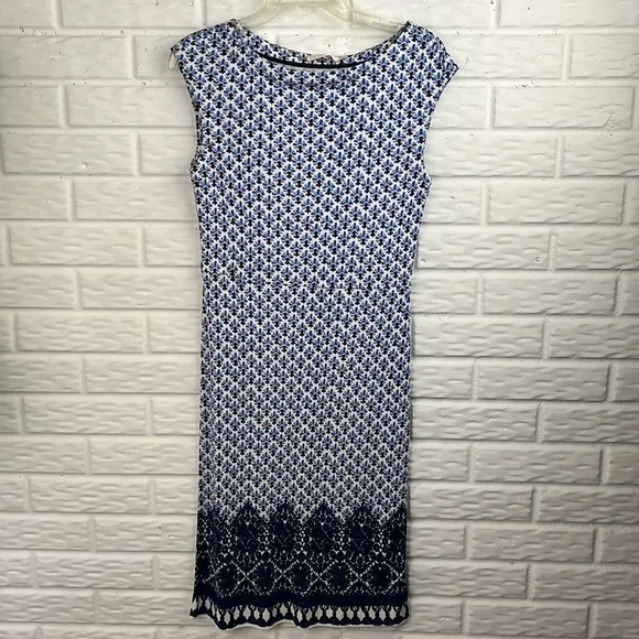 TORY BURCH Jamie Cap-Sleeve Rayon Sheath Dress Border Coast White/Blue SZ XS