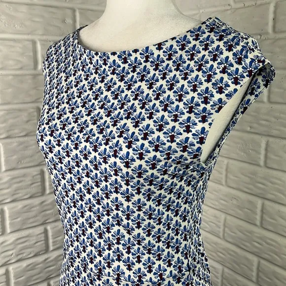 TORY BURCH Jamie Cap-Sleeve Rayon Sheath Dress Border Coast White/Blue SZ XS