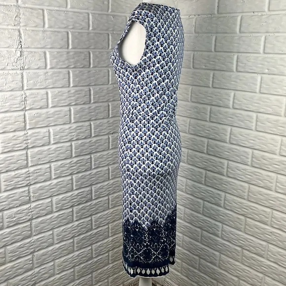TORY BURCH Jamie Cap-Sleeve Rayon Sheath Dress Border Coast White/Blue SZ XS