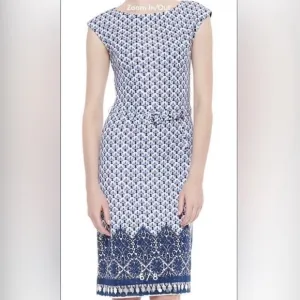 TORY BURCH Jamie Cap-Sleeve Rayon Sheath Dress Border Coast White/Blue SZ XS