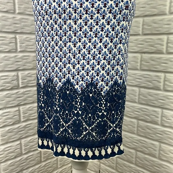 TORY BURCH Jamie Cap-Sleeve Rayon Sheath Dress Border Coast White/Blue SZ XS